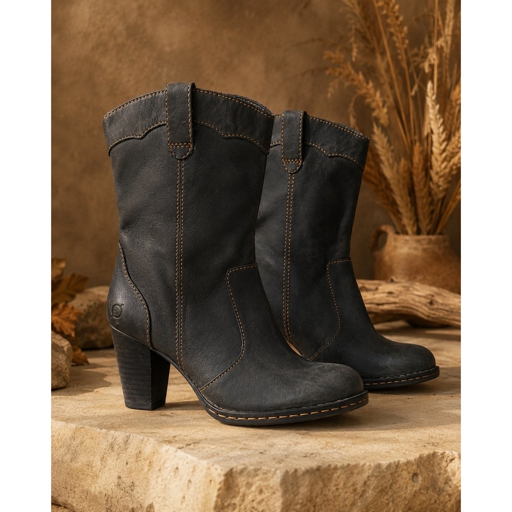 Born Black Leather Western Mid Calf Boots 6.5 Y2K Rodeo Block Heel
